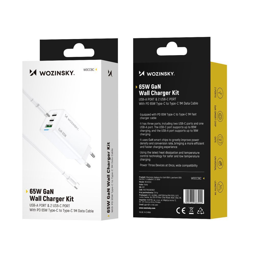 Wozinsky GaN 65W Charger with 2xUSB-C USB Ports with 65W CC Cable - Whiteeng