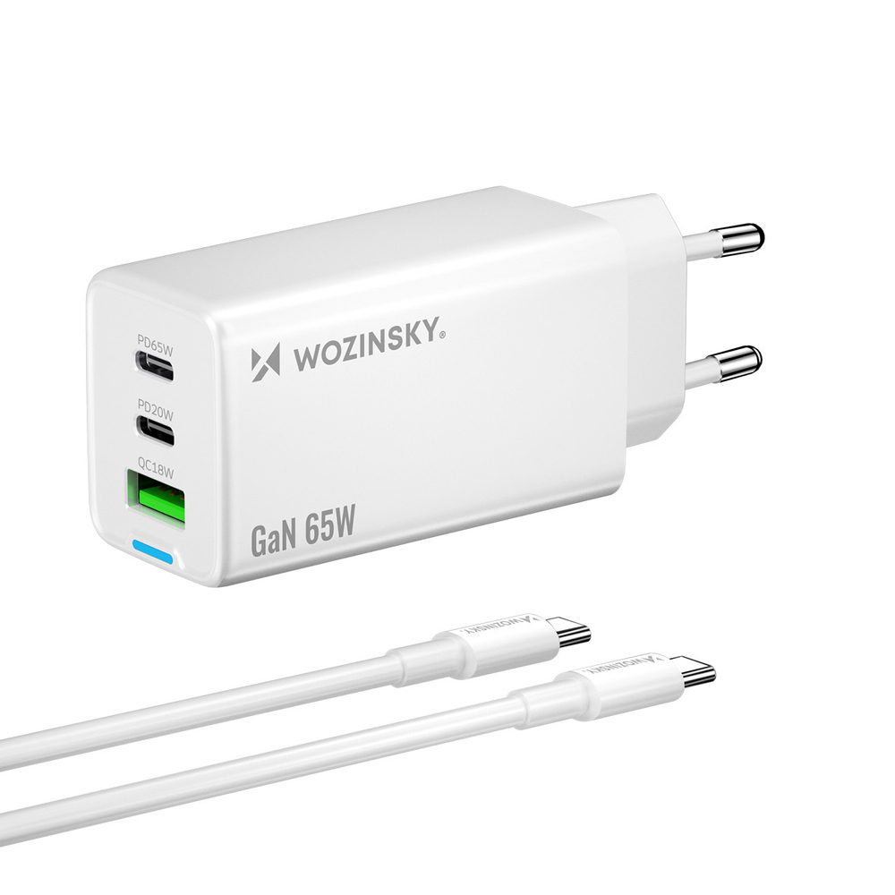 Wozinsky GaN 65W Charger with 2xUSB-C USB Ports with 65W CC Cable - Whiteeng