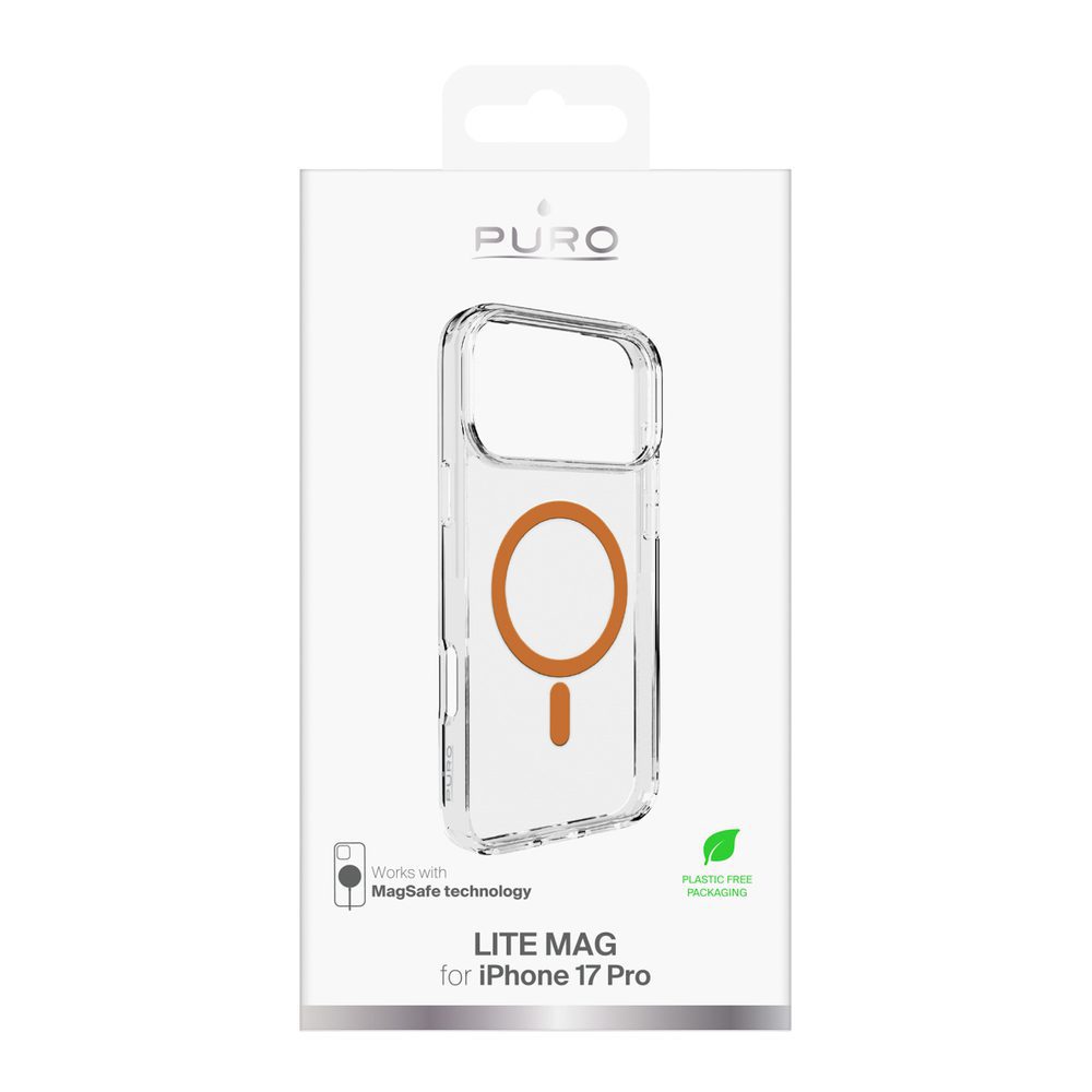 Puro Lite Mag TPU+PC Case Compatible with MagSafe for iPhone 17 Pro - Transparent with Orange Ringeng