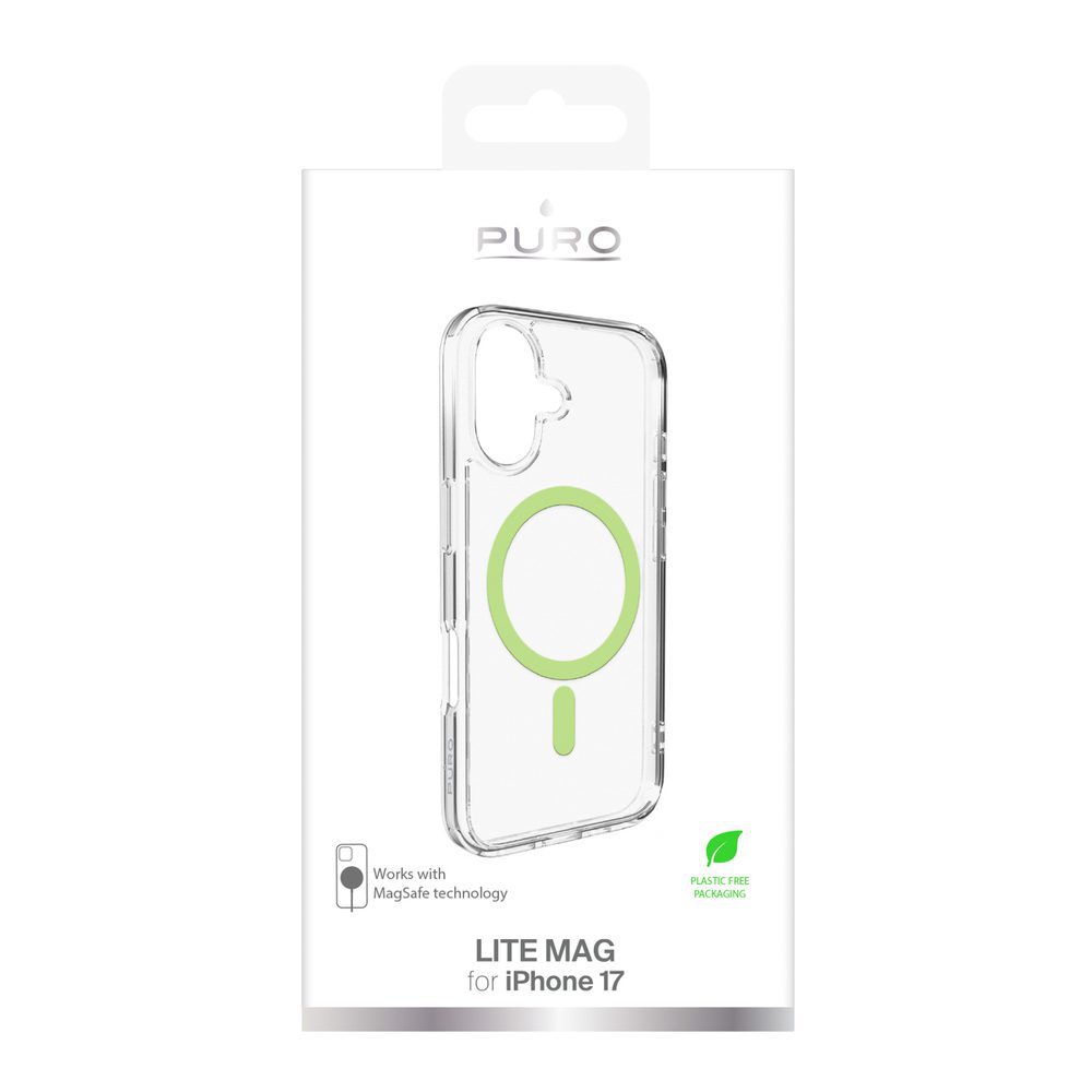 Puro Lite Mag TPU+PC Case Compatible with MagSafe for iPhone 17 - Transparent with Green Ringeng