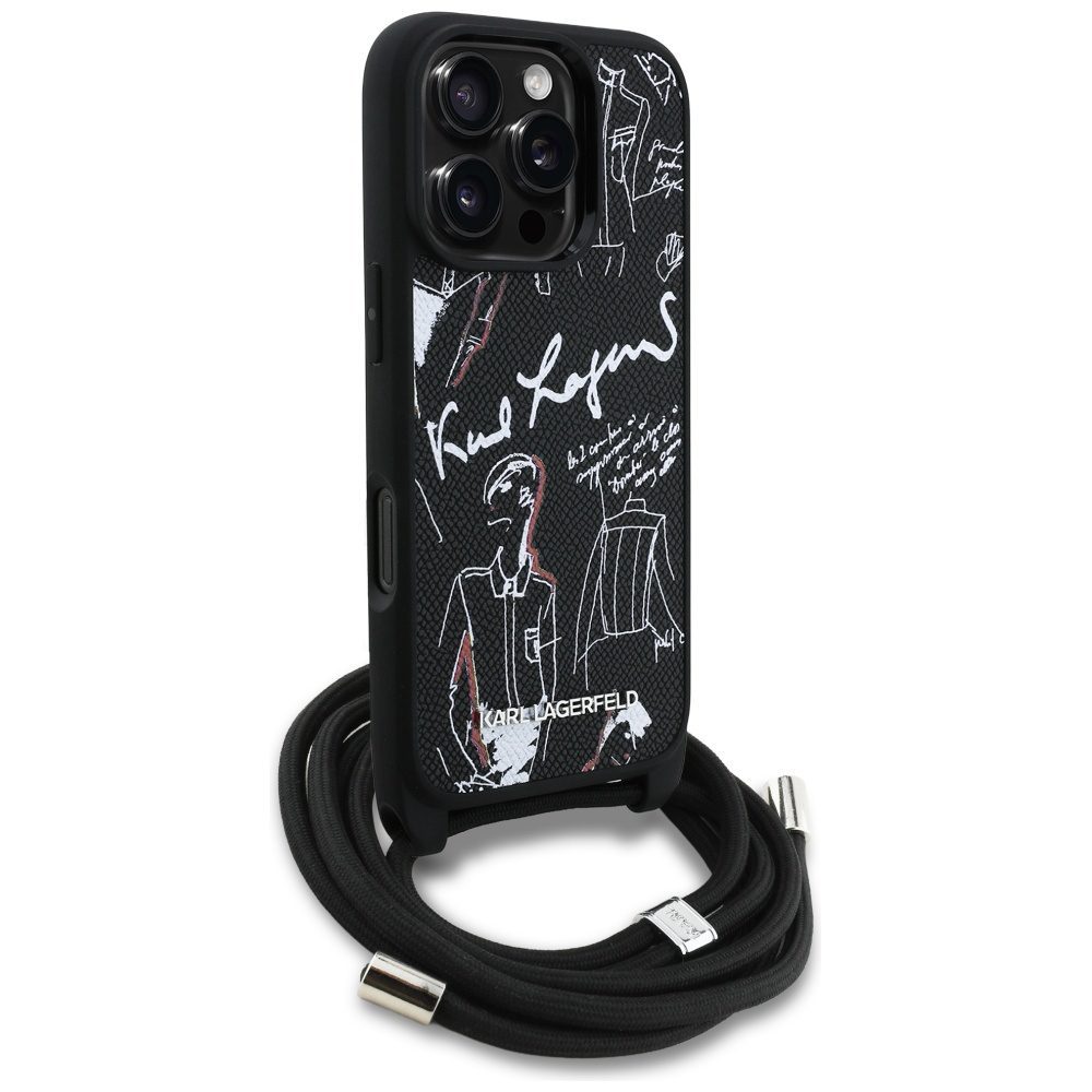 199176_3 Karl Lagerfeld Crossbody Grained Pattern & Logo Case for iPhone 16 Pro - Blackeng
