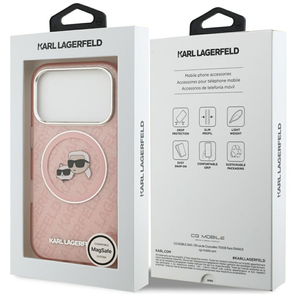 Karl Lagerfeld IML Glitter Karl&Choupette Heads Logo MagSafe Case for iPhone 17 Pro Max - Pinkeng