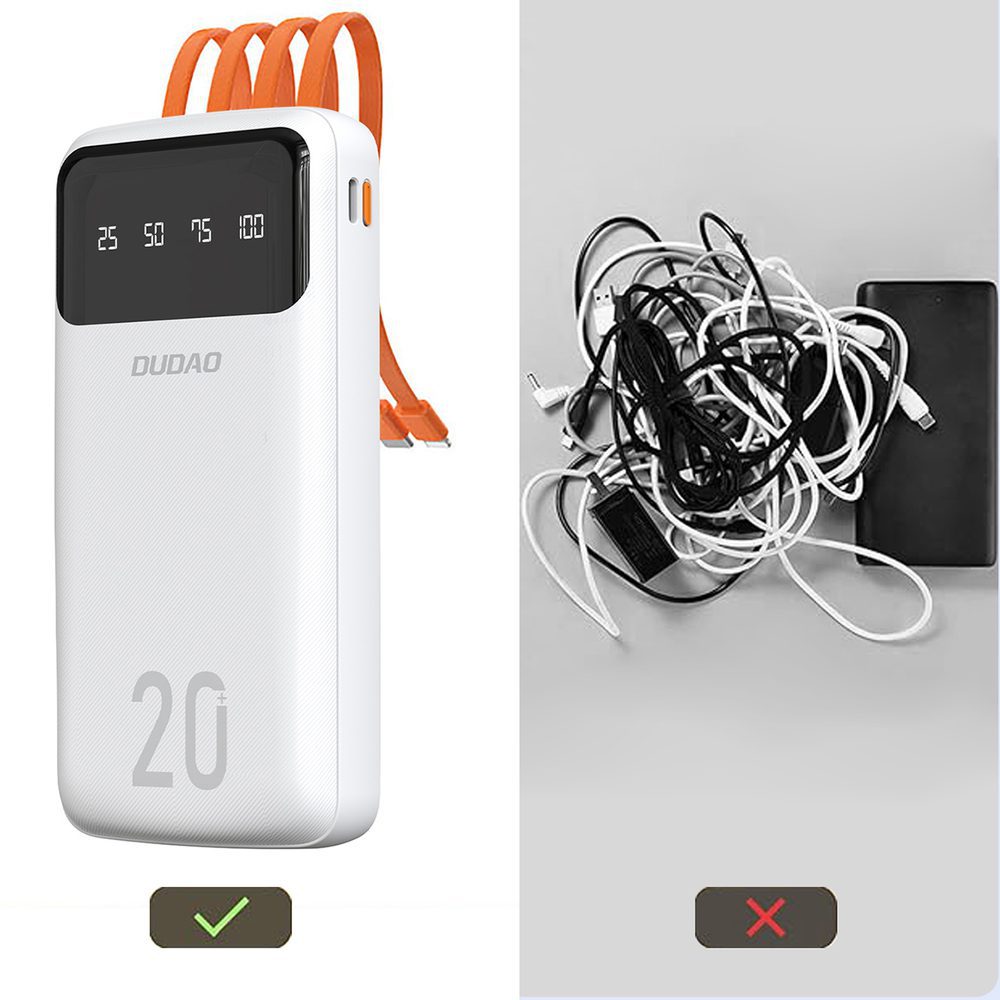 Dudao capacious powerbank with 3 built-in cables 20000mAh USB Type C + micro USB + Lightning white (Dudao K6Pro +)eng