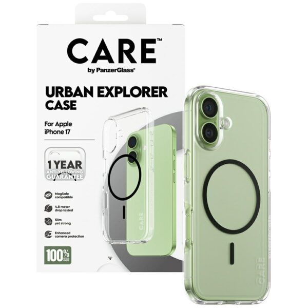 CARE by PanzerGlass Flagship Urban Explorer Case w. Black MagSafe for iPhone 17 - Transparenteng