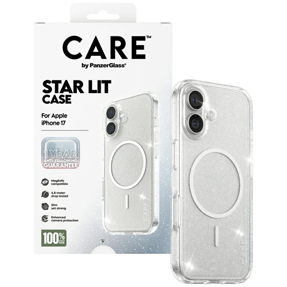 CARE by PanzerGlass Flagship Urban Explorer Case w. White MagSafe for iPhone 17 - Clear Glittereng