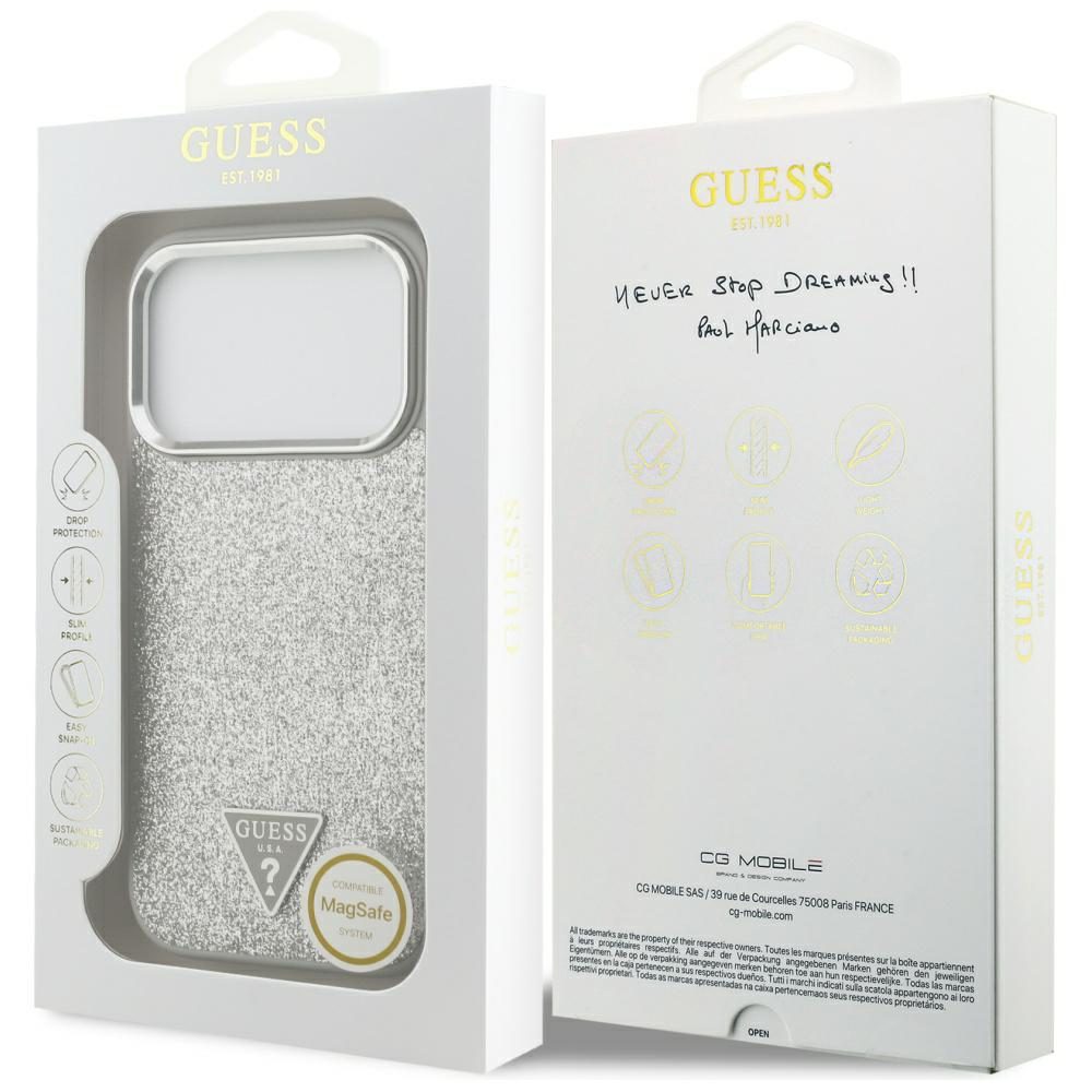Guess Glitter Triangle Logo MagSafe case for iPhone 17 Pro - silvereng