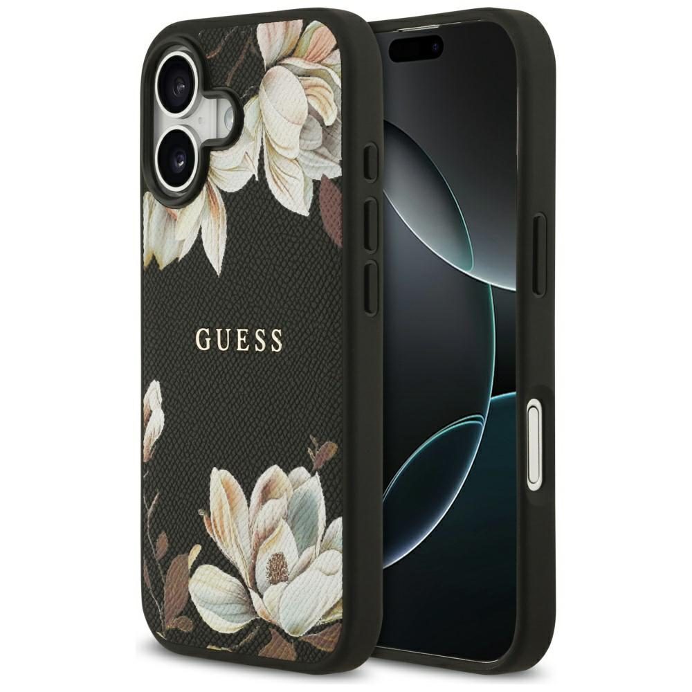Guess Grained Flowers Classic Logo MagSafe case for iPhone 17 - blackeng