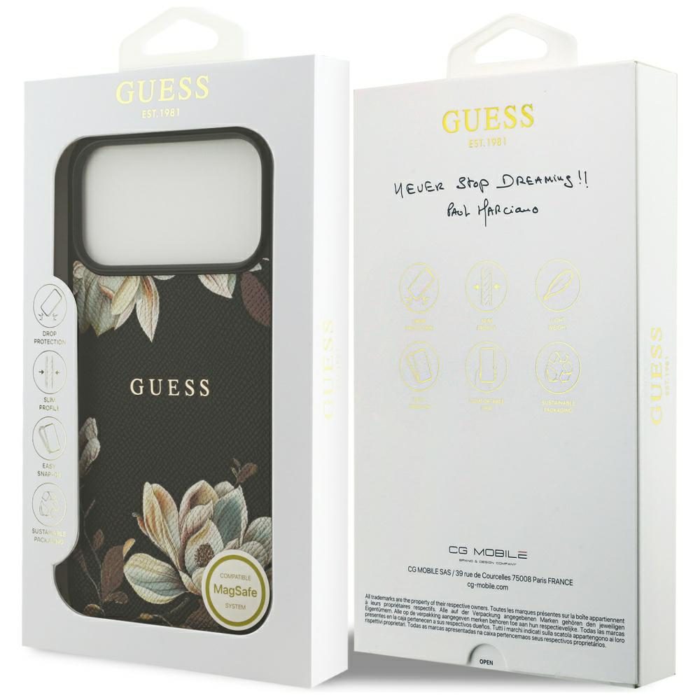 Guess Grained Flowers Classic Logo MagSafe case for iPhone 17 Pro Max - blackeng