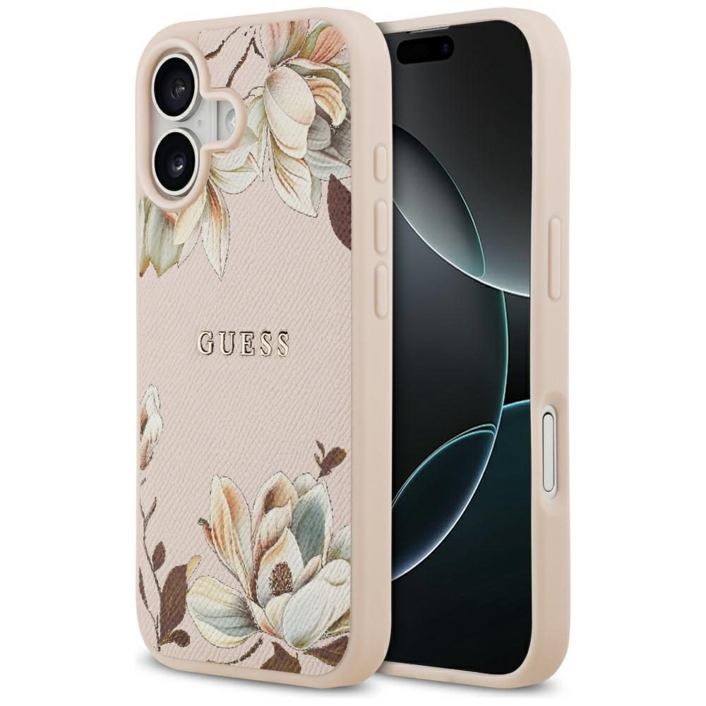 Guess Grained Flowers Classic Logo MagSafe iPhone 17 Case - Pinkeng