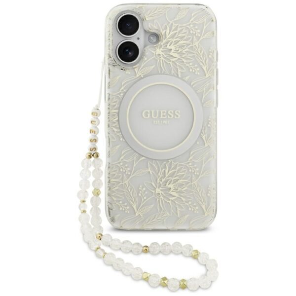 Guess IML Flowers Electro Pearl Strap MagSafe case for iPhone 17 - whiteeng