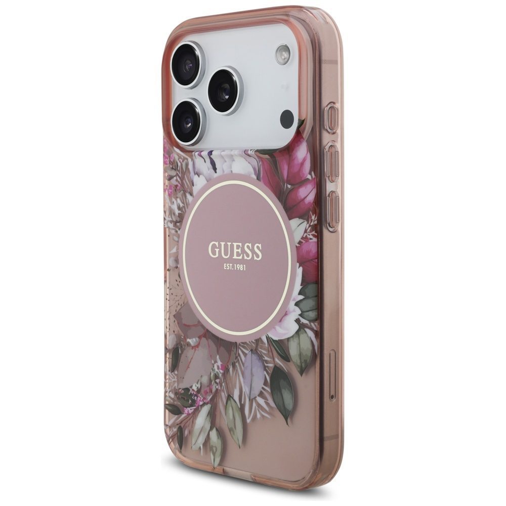 Guess IML Flowers Pearl Strap MagSafe Case for iPhone 17 Pro - Pinkeng