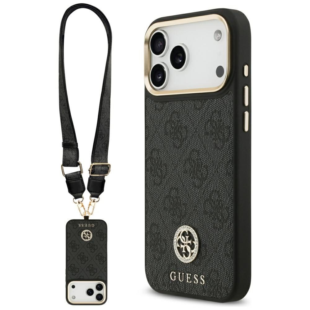 Guess 4G Srtass Logo & Big Strap Metal Buttons MagSafe Case for iPhone 17 Pro Max - Blackeng