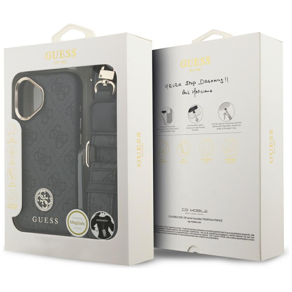 Guess 4G Strass Logo & Big Strap Metal Buttons MagSafe Case for iPhone 17 - Blackeng