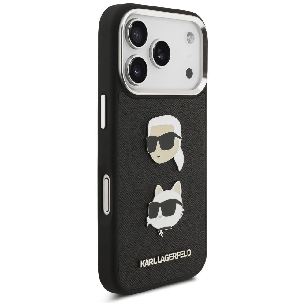 Karl Lagerfeld FW Grained Karl & Choupette Heads Pins & Logo iPhone 17 Pro Case - Blackeng