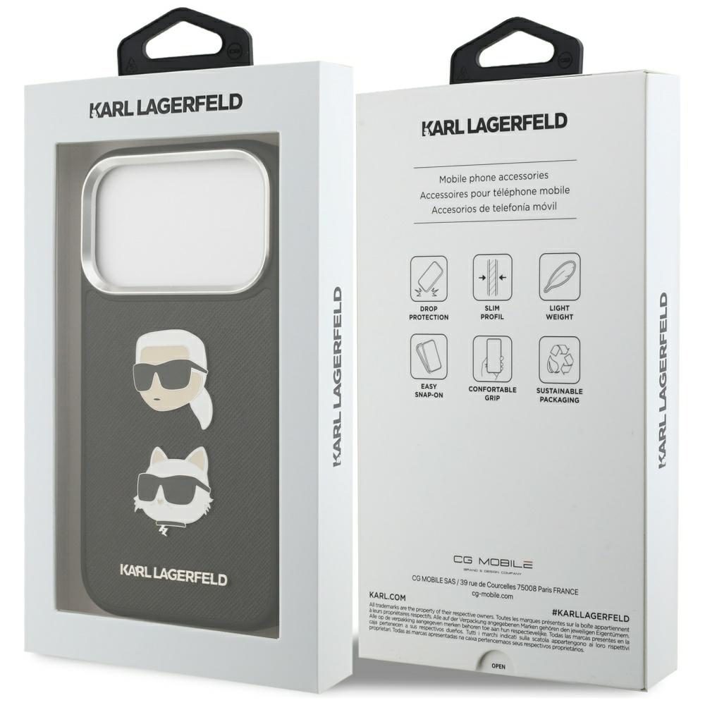 Karl Lagerfeld FW Grained Karl & Choupette Heads Pins & Logo iPhone 17 Pro Case - Blackeng