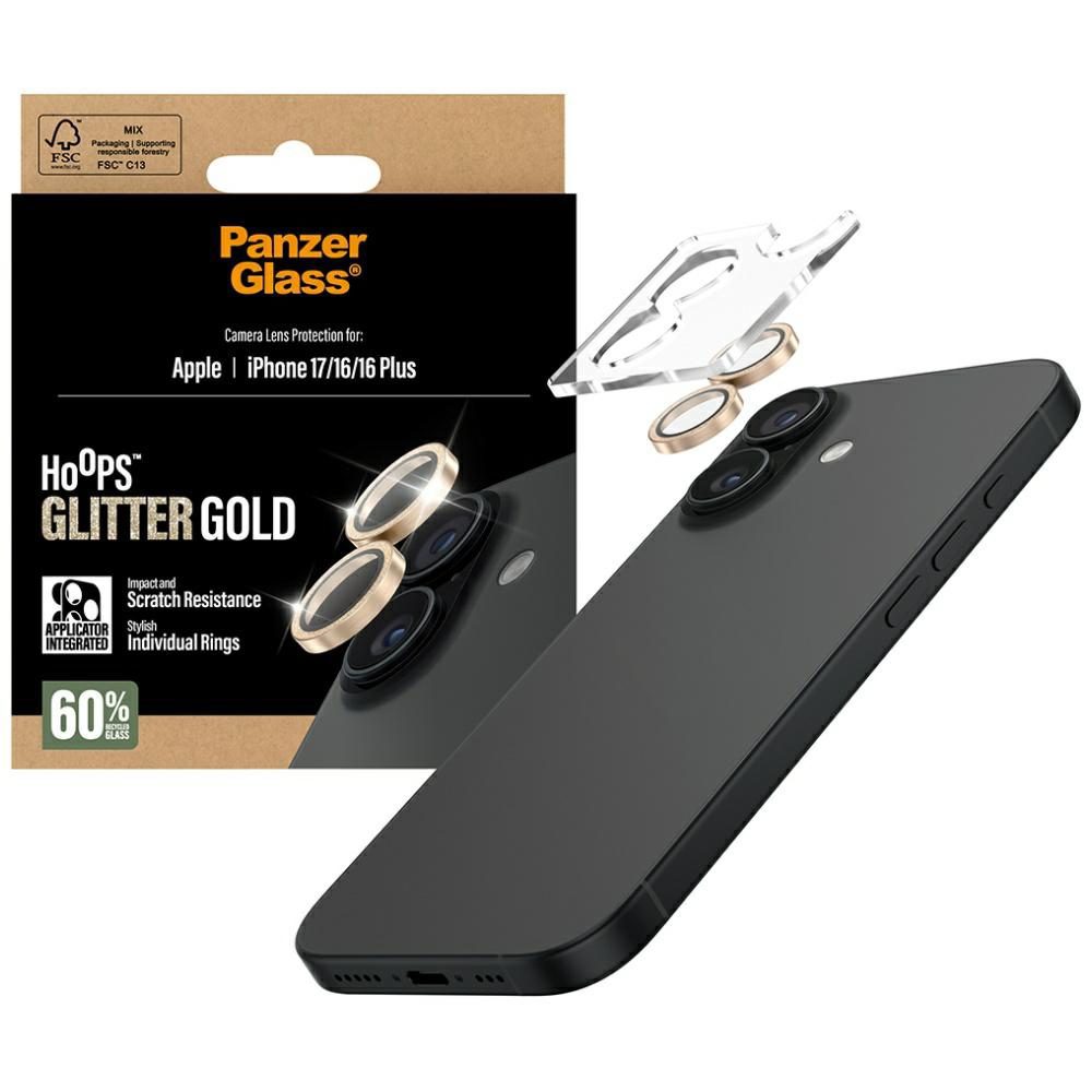 PanzerGlass Hoops Glitter Tempered Glass Lens Screen Protector for iPhone 17 / 16 / 16 Plus - Goldeng