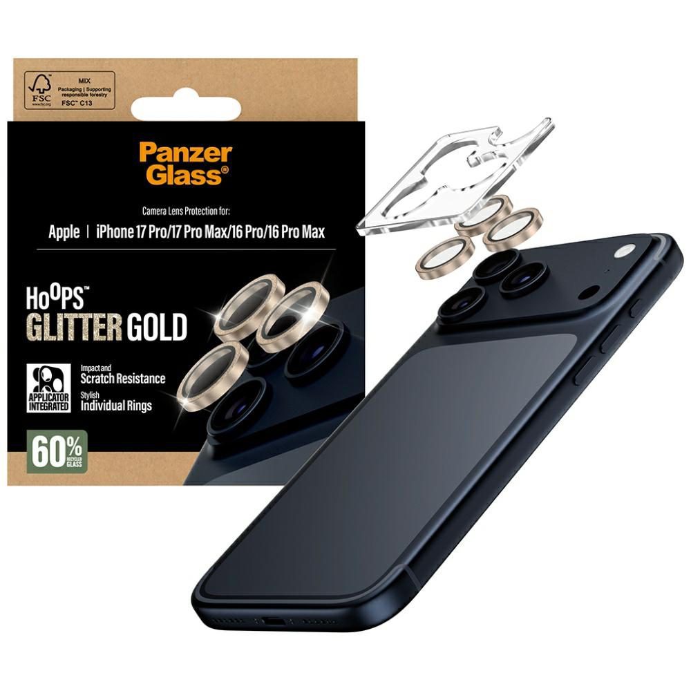 PanzerGlass Hoops Glitter Tempered Glass Lens Screen Protector for iPhone 17 Pro / 17 Pro Max / 16 Pro / 16 Pro Max - Goldeng