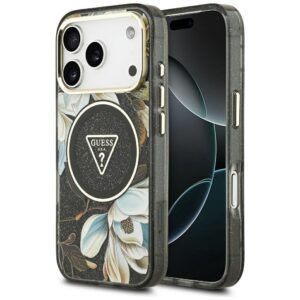 GUESS case for IPHONE 17 Pro compatible with MagSafe GUHMP17LHFLPEDK (IML Metal Glitter Flowers Triangle) black