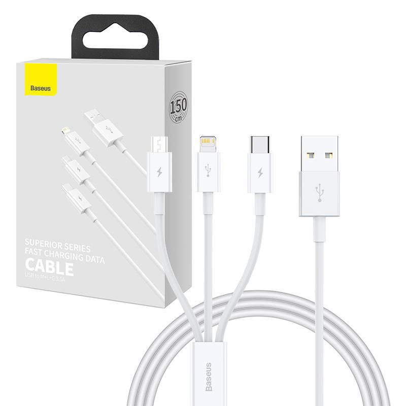 32609_7 Kabel szybkiego ładowania  Baseus Superior Data USB do M+L+C 3.5A 1M(White)