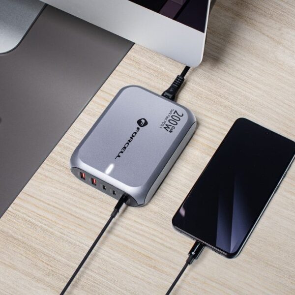 FORCELL F-ENERGY GaN III VT-51 desktop charger 3 x Typ C + 2 x USB A PD QC4.0 SFC2.0 5A 200W gray