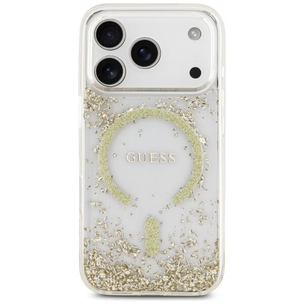 GUESS case for IPHONE 17 Pro compatible with MagSafe GUHMP17LRGRGED (Resin Bottom Glitter) gold