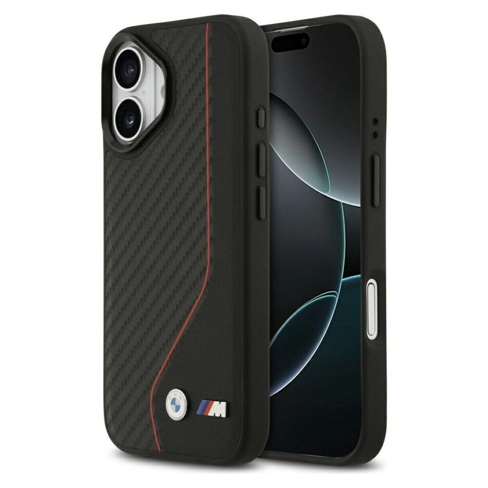 74030cb681f1b6d9aabf2ded989cea6a BMW case for IPHONE 17 compatible with MagSafe BMHMP17S25PCCSCKR (PU Carbon Line & Logo) red