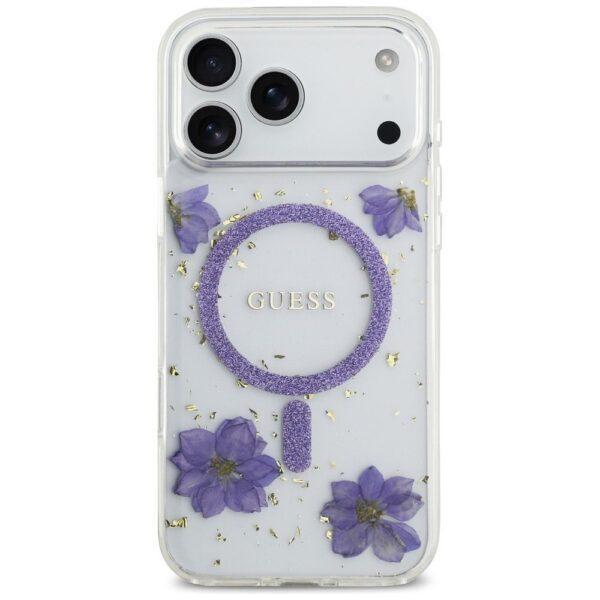GUESS case for IPHONE 17 Pro Max compatible with MagSafe GUHMP17XRBFGFGMU (Resin Flowers and Glitter) purple