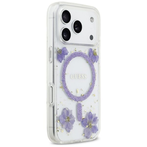 GUESS case for IPHONE 17 Pro compatible with MagSafe GUHMP17LRBFGFGMU (Resin Flowers and Glitter) purple