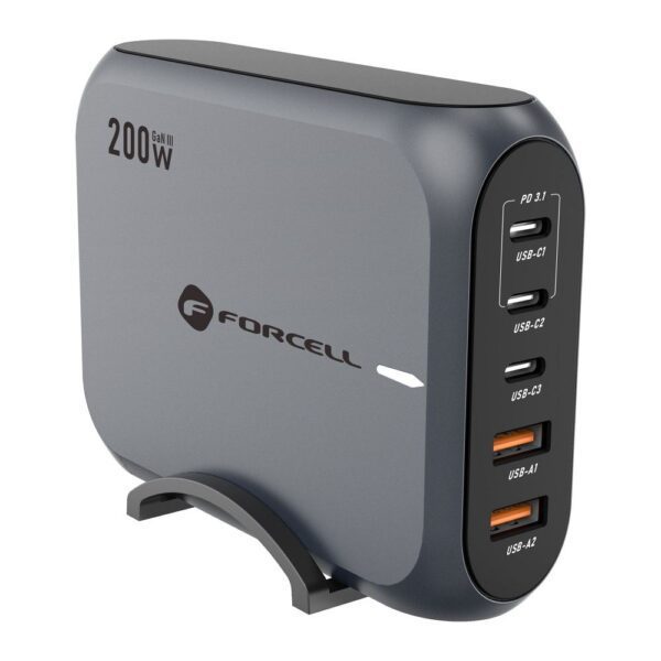 FORCELL F-ENERGY GaN III VT-51 desktop charger 3 x Typ C + 2 x USB A PD QC4.0 SFC2.0 5A 200W gray