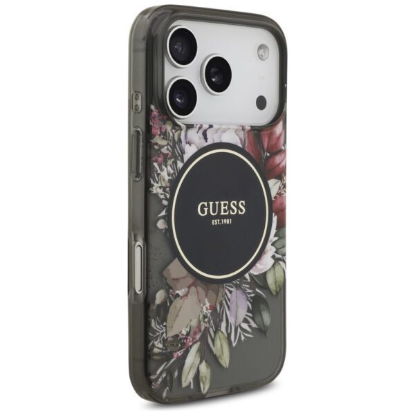 GUESS case for IPHONE 17 Pro compatible with MagSafe GUHMP17LHFWBRCESK (IML Flowers with Pearl Strap) black