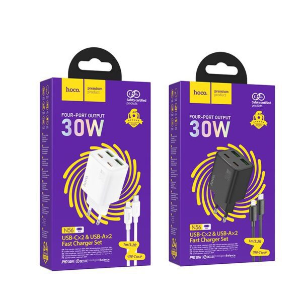 Phone charger Hoco 2 x USB C + 2 x USB A QC3.0 PD 3A 30W + cable USB C to Lightning N56 black