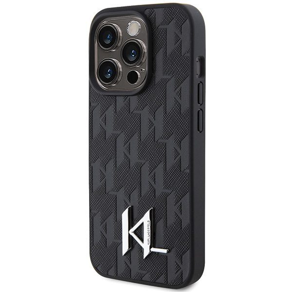 152997_2 Karl Lagerfeld Leather Monogram Hot Stamp Metal Logo case for iPhone 15 Pro - blackeng