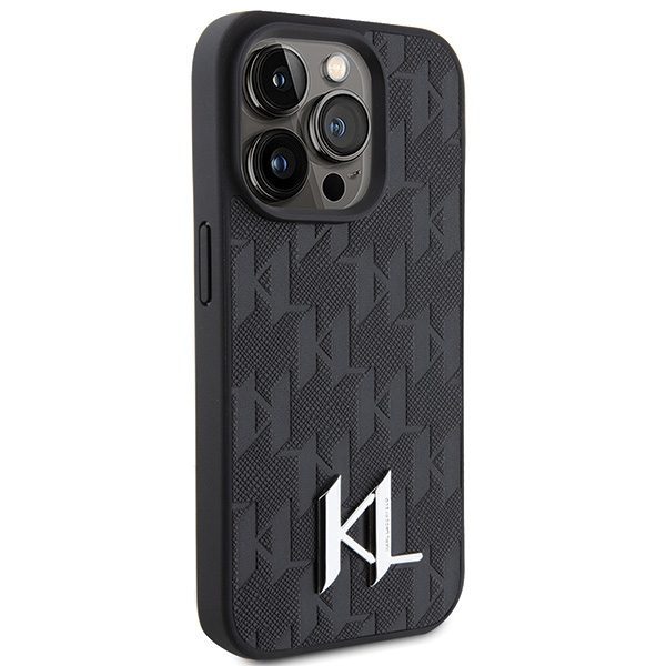 152997_4 Karl Lagerfeld Leather Monogram Hot Stamp Metal Logo case for iPhone 15 Pro - blackeng