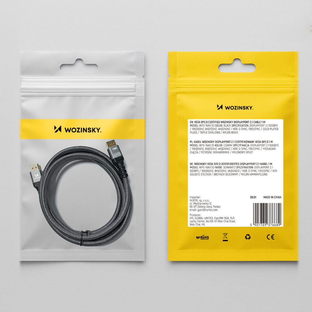 Wozinsky WPS-16AYL2S DisplayPort 2.1 Cable VESA Certified 80 Gb/s 16K@60Hz 8K@120Hz 4K@240Hz HDR HDCP DSC 2m - Blackeng