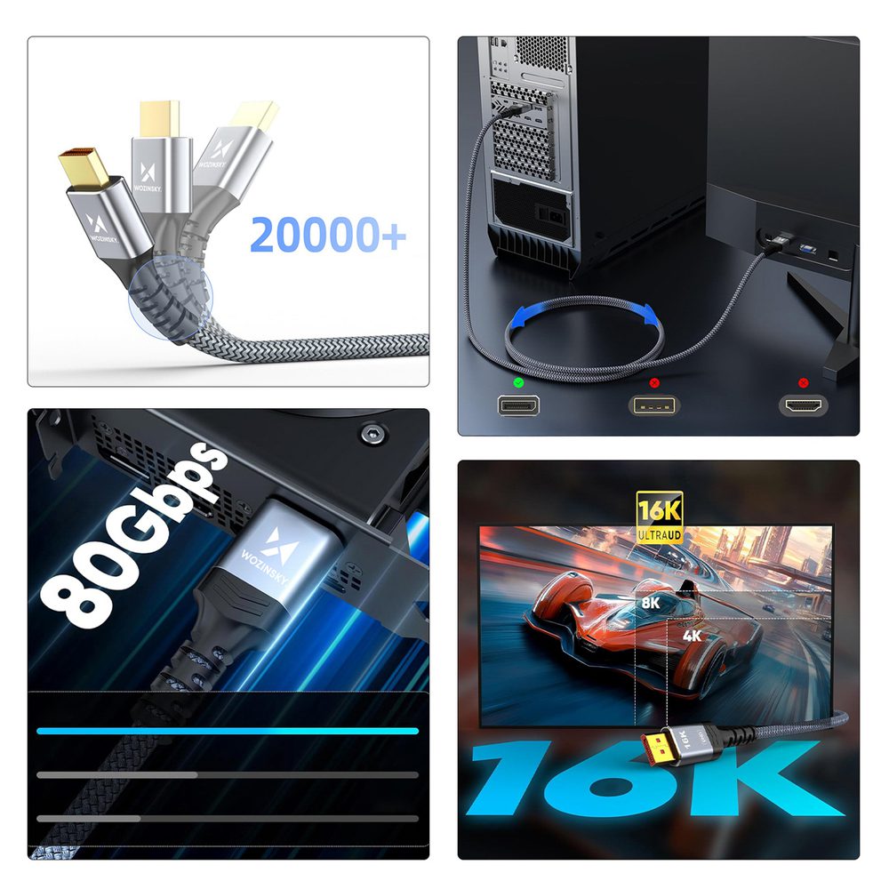 Wozinsky WPS-16AYL2S DisplayPort 2.1 Cable VESA Certified 80 Gb/s 16K@60Hz 8K@120Hz 4K@240Hz HDR HDCP DSC 2m - Blackeng
