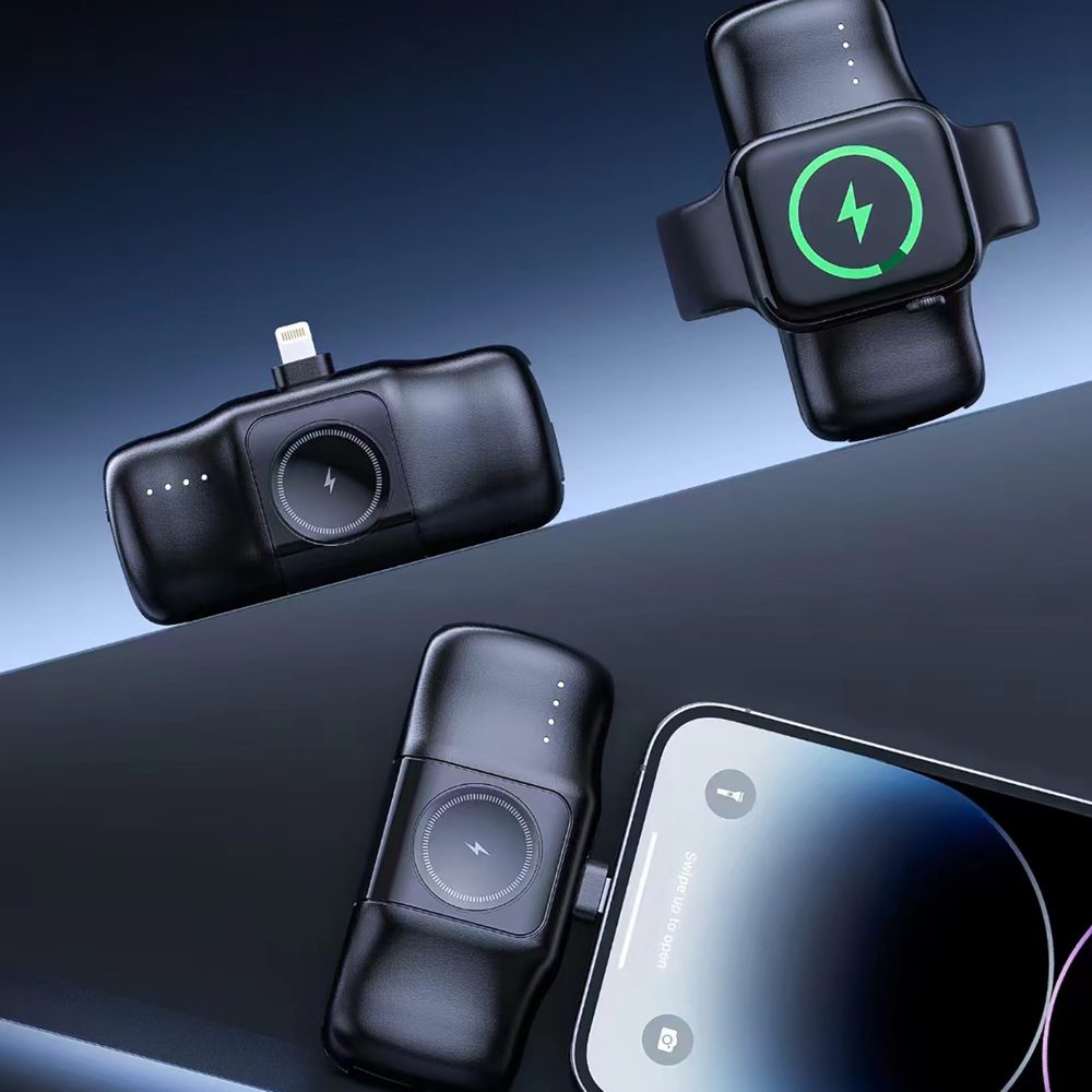 Wozinsky WF16-YLS 5000mAh 15W Lightning Mini Power Bank with Built-in USB-C Cable and Apple Watch Charger - Blackeng