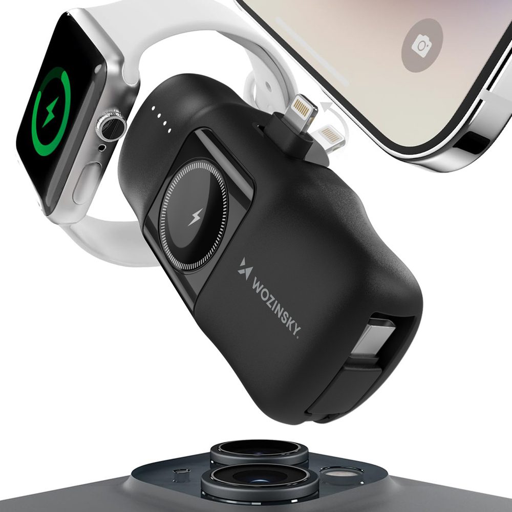 Wozinsky WF16-YLS 5000mAh 15W Lightning Mini Power Bank with Built-in USB-C Cable and Apple Watch Charger - Blackeng