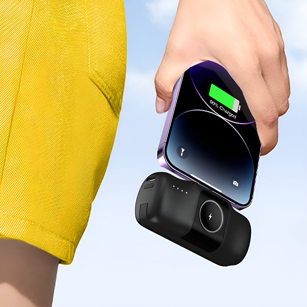 Wozinsky WF16-YLS 5000mAh 15W Lightning Mini Power Bank with Built-in USB-C Cable and Apple Watch Charger - Blackeng