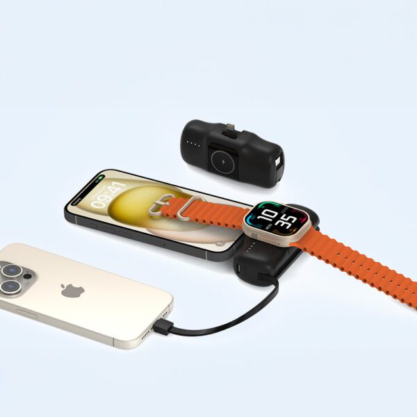 Wozinsky WF16-YLS 5000mAh 15W Lightning Mini Power Bank with Built-in USB-C Cable and Apple Watch Charger - Blackeng