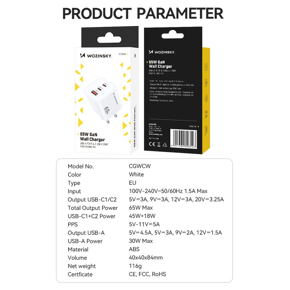 Wozinsky CGWCW 65W USB-A / 2 x USB-C GaN wall charger - whiteeng