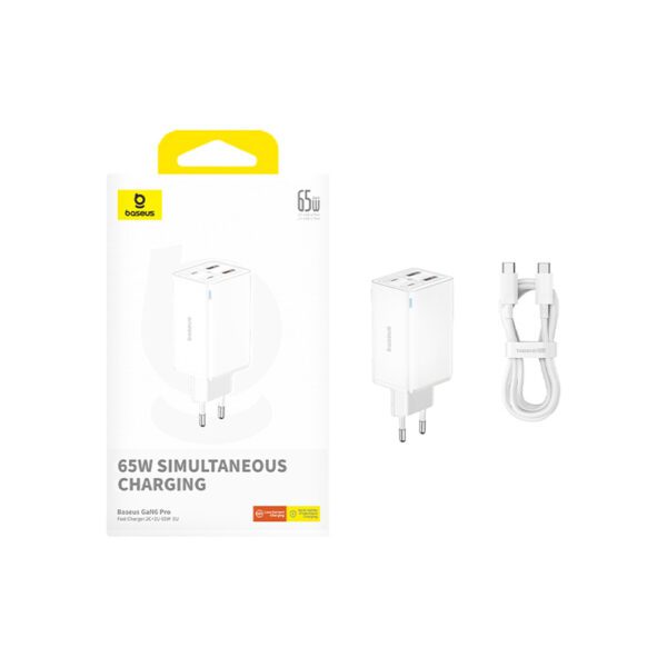 197212_10 Baseus GaN6 Pro Charger 65W 2 x USB-C 2 x USB-A with Black USB-C Cable 100W 1m - Whiteeng