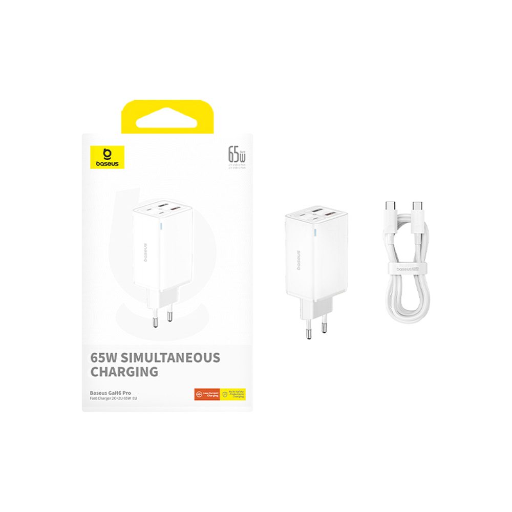 197212_10 Baseus GaN6 Pro Charger 65W 2 x USB-C 2 x USB-A with Black USB-C Cable 100W 1m - Whiteeng