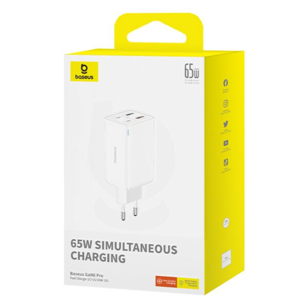 197212_8 Baseus GaN6 Pro Charger 65W 2 x USB-C 2 x USB-A with Black USB-C Cable 100W 1m - Whiteeng
