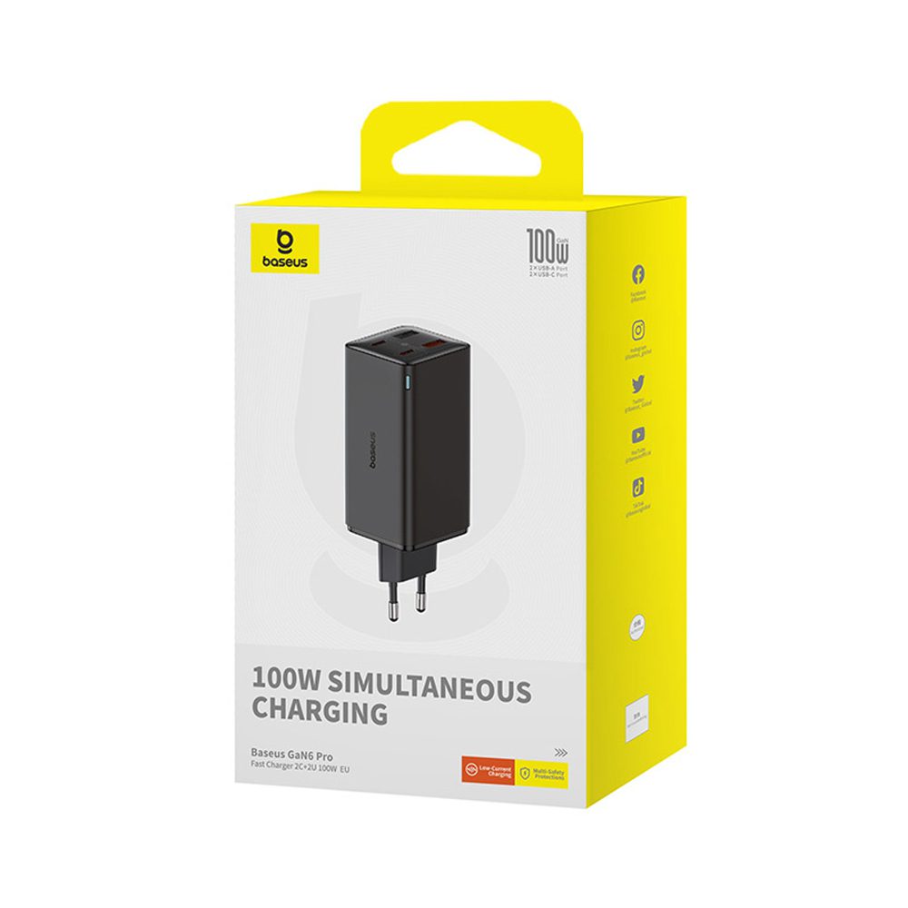 197213_7 Baseus GaN6 Pro Charger 100W 2 x USB-C 2 x USB-A with Black USB-C Cable 100W 1m - Blackeng