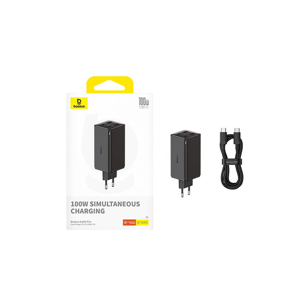 197213_9 Baseus GaN6 Pro Charger 100W 2 x USB-C 2 x USB-A with Black USB-C Cable 100W 1m - Blackeng