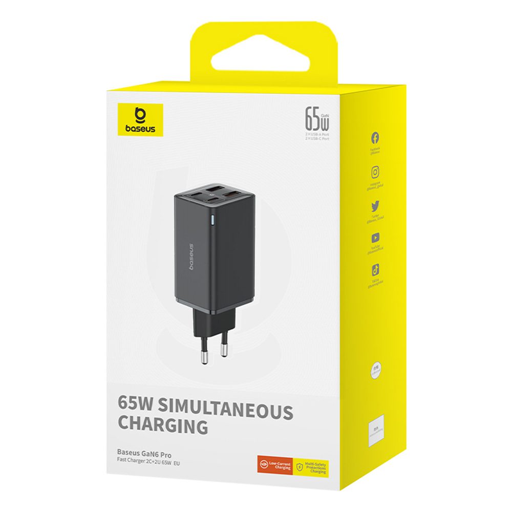 197214_10 Baseus GaN6 Pro Charger 65W 2 x USB-C 2 x USB-A with Black USB-C Cable 100W 1m - Blackeng