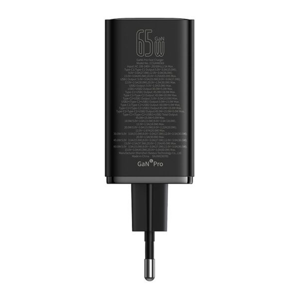 197214_3 Baseus GaN6 Pro Charger 65W 2 x USB-C 2 x USB-A with Black USB-C Cable 100W 1m - Blackeng