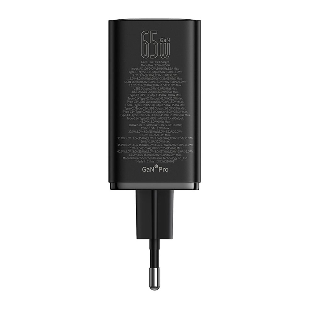 197214_3 Baseus GaN6 Pro Charger 65W 2 x USB-C 2 x USB-A with Black USB-C Cable 100W 1m - Blackeng