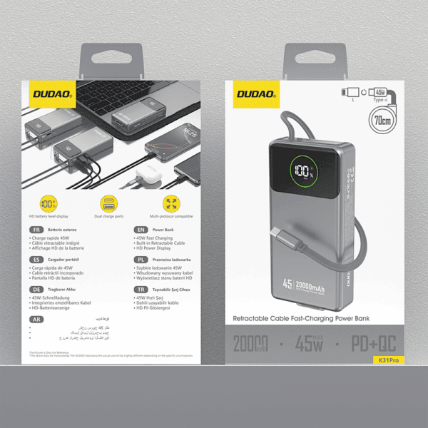 Powerbank Dudao K31 Pro 45W 20000mAh z wbudowanym zwijanym kablem USB-C - szarypol