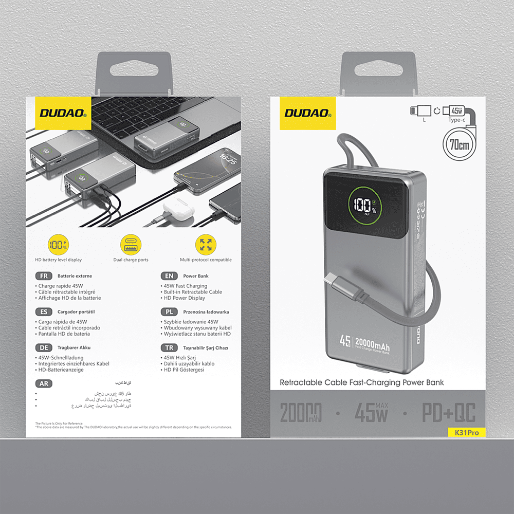 Powerbank Dudao K31 Pro 45W 20000mAh z wbudowanym zwijanym kablem USB-C - szarypol